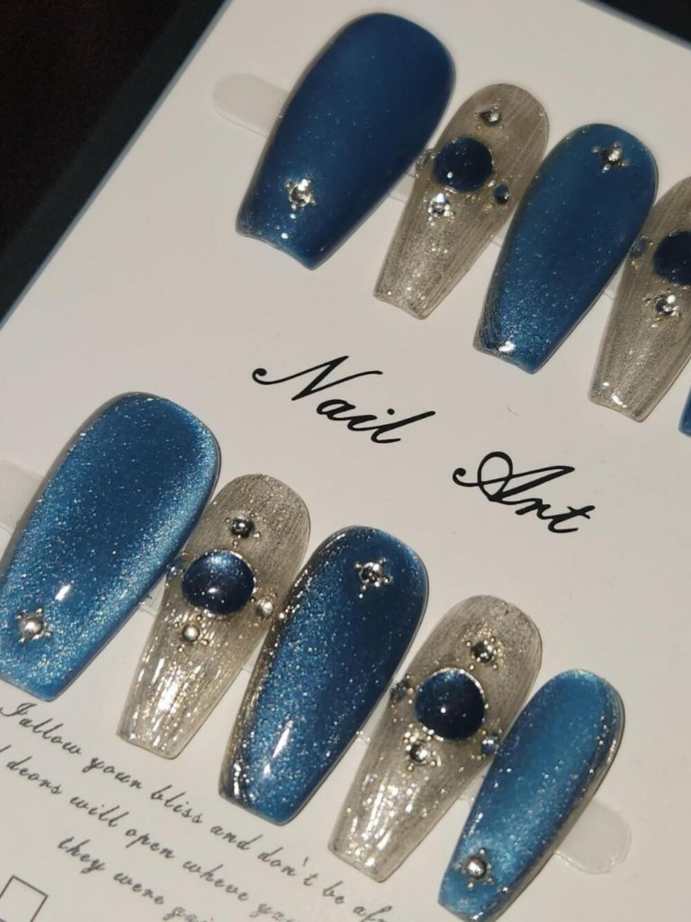 Blue and silver cateye & glitter acrylic press on nails. Size Small.